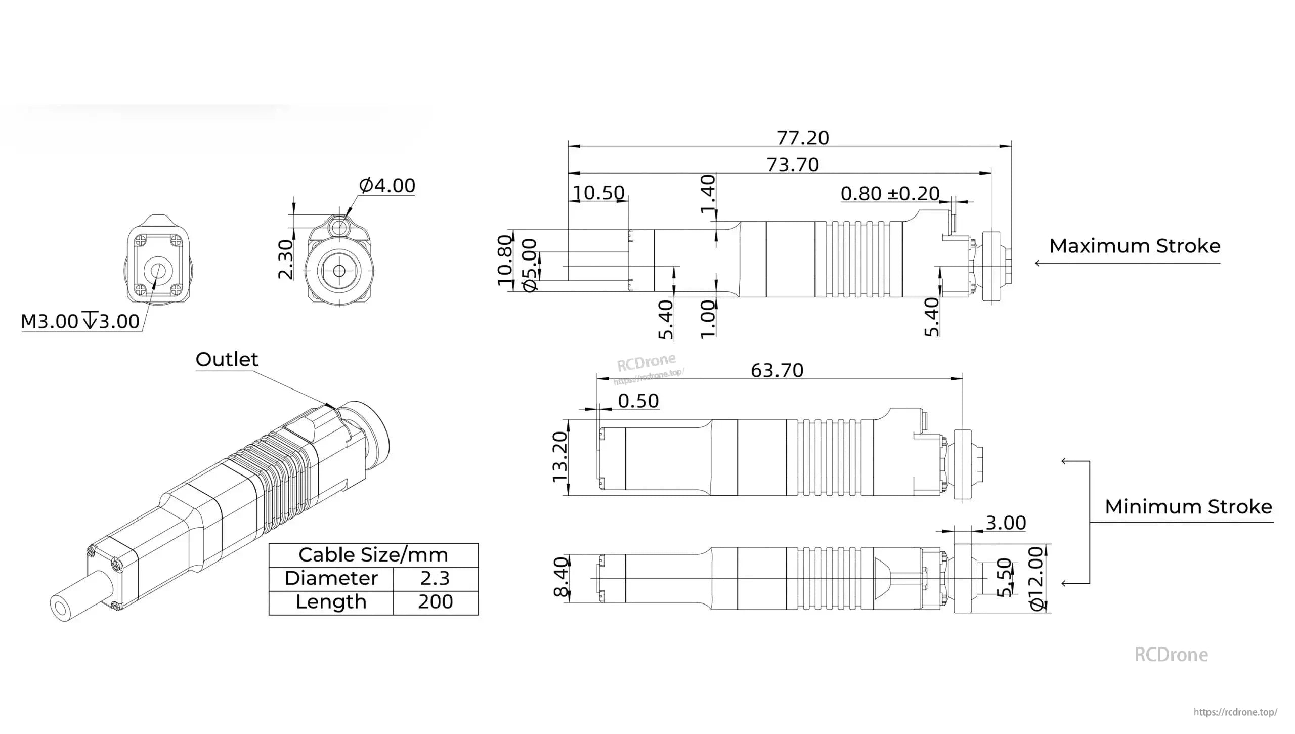The LAF10 Micro Linear Servo has a stroke of 63.70-77.20mm, 2.3mm diameter cable, 200mm length, M3 thread, and marked outlet.