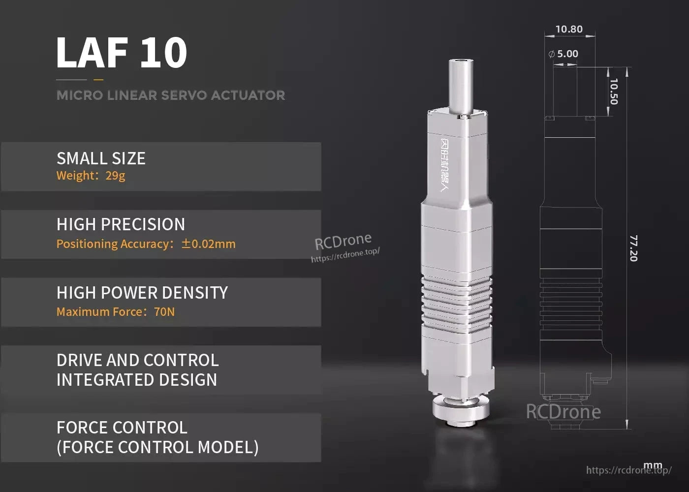 The LAF10 micro linear servo actuator is compact (29g), precise (±0.02mm), powerful (70N), with integrated drive/control and force control, measuring 77.20mm in length.