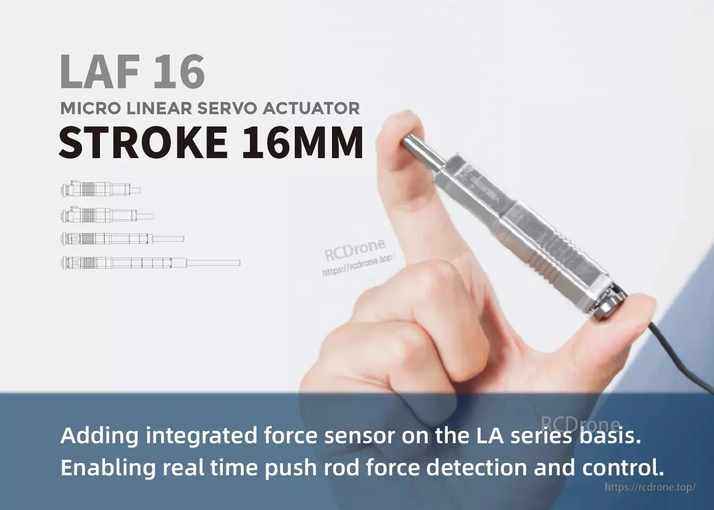 LAF16 Micro Servo, The LAF16 is a compact linear servo actuator with a 16mm stroke and built-in force sensor for precise real-time control.
