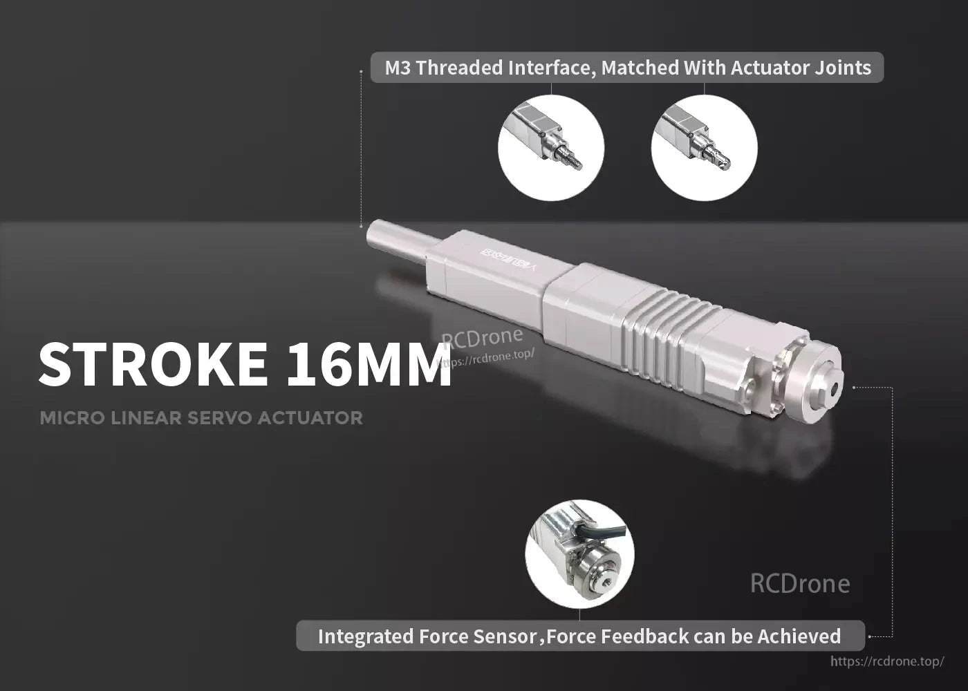 LAF16 Micro Servo, A compact 16mm micro linear servo with M3 threading and built-in force sensing.