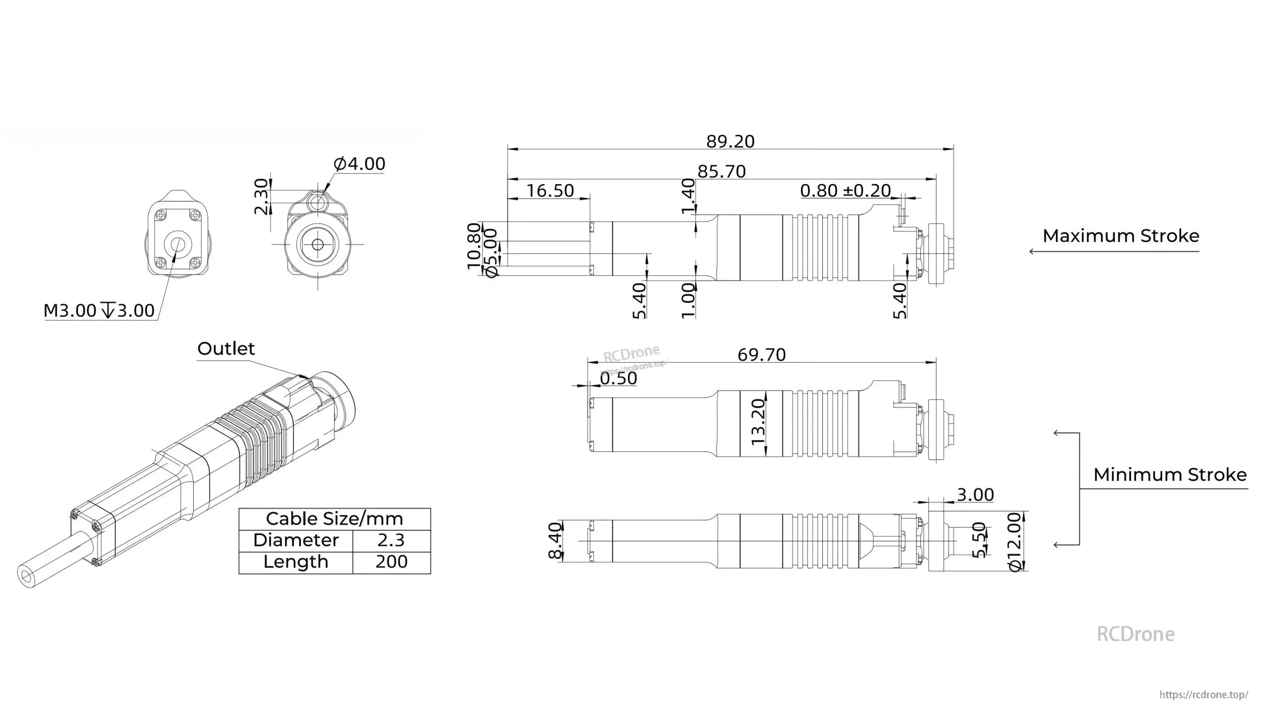 LAF16 Micro Servo: 89.20mm max stroke, 69.70mm min stroke, 2.3mm cable, 200mm length, M3 screw, 4mm outlet.