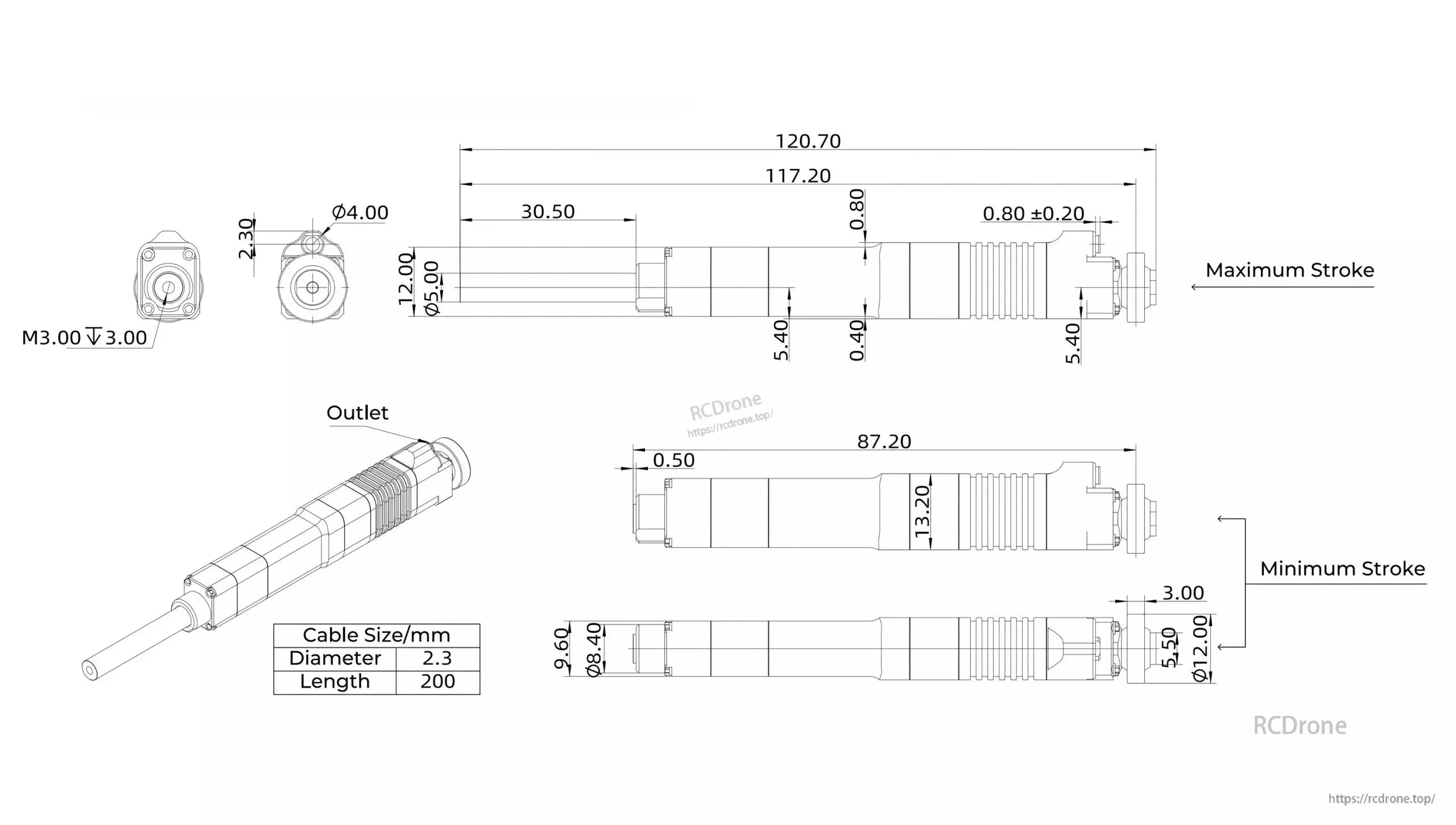 The LAF30 micro servo actuator has a stroke of 120.70mm max, 87.20mm min, with 2.3mm diameter cable, 200mm length, M3.00 screw, and an outlet.