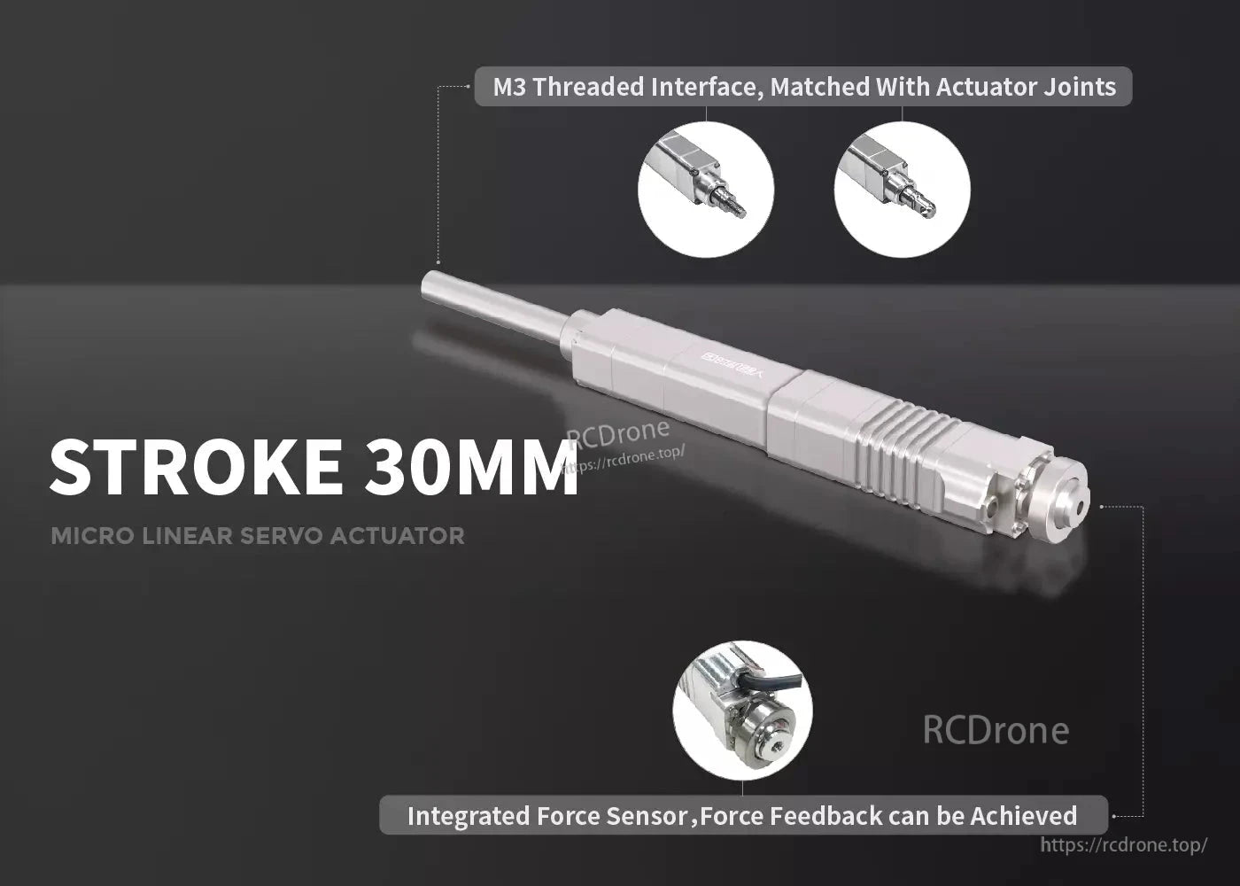 LAF30 Micro Servo Actuator, A 30mm stroke micro linear servo actuator featuring an M3 threaded interface and built-in force sensor.