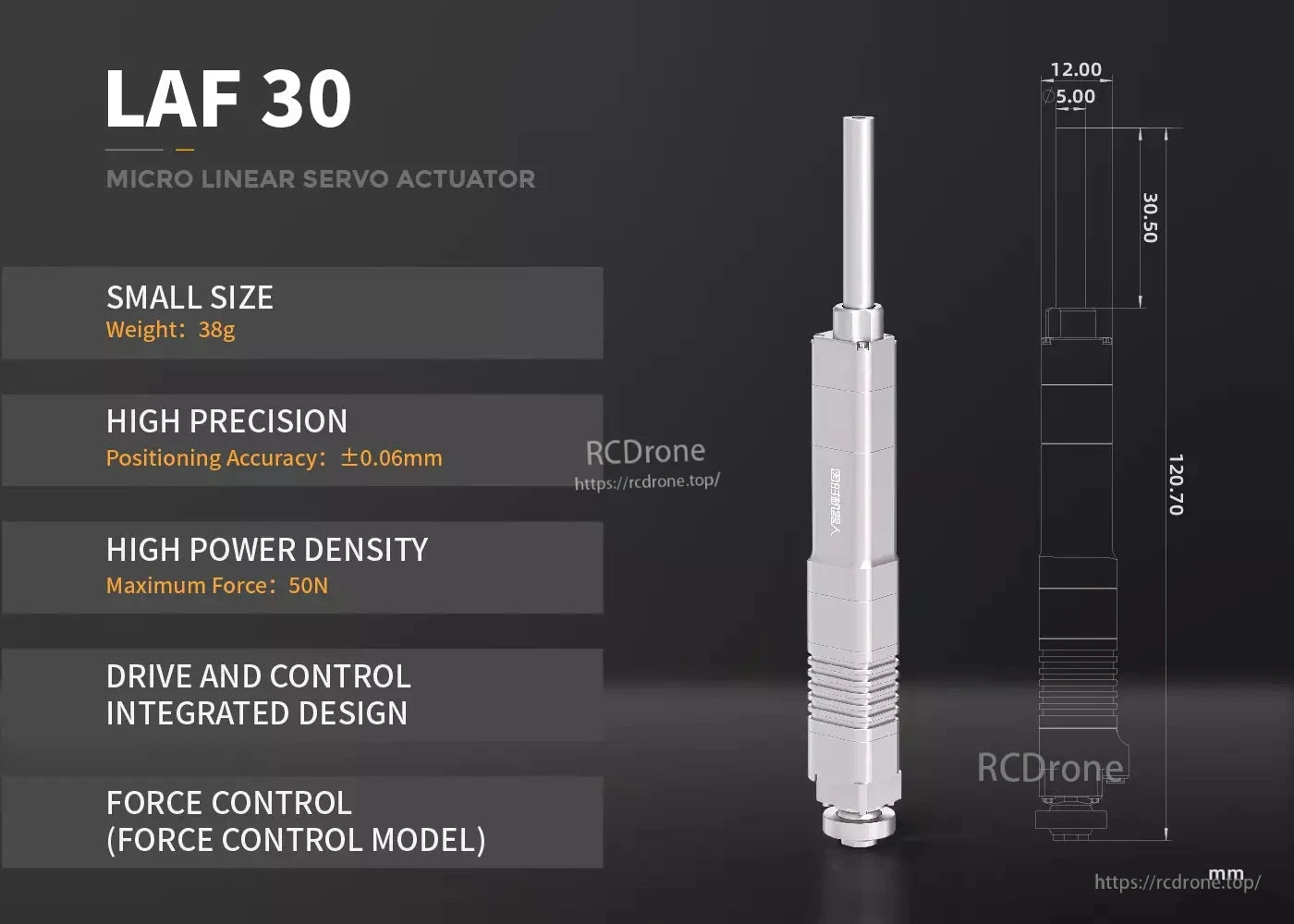 LAF30 Micro Servo Actuator, The LAF30 is a compact, high-precision micro linear servo actuator with 50N force, integrated control, and force control model, measuring 120.70mm in length and 12.00mm in diameter.