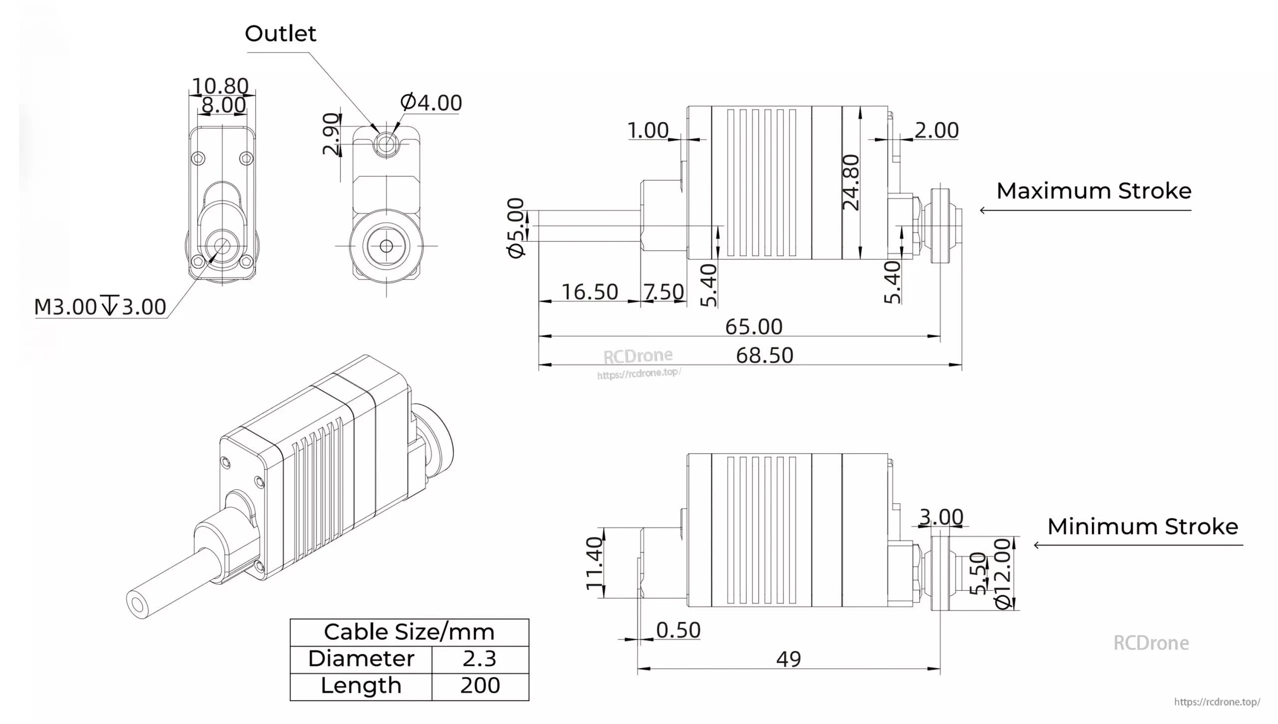 LASF16 Linear Servo Actuator: stroke 49-68.5mm, 2.3mm cable, 200mm length, Ø4 outlet, M3 screw.