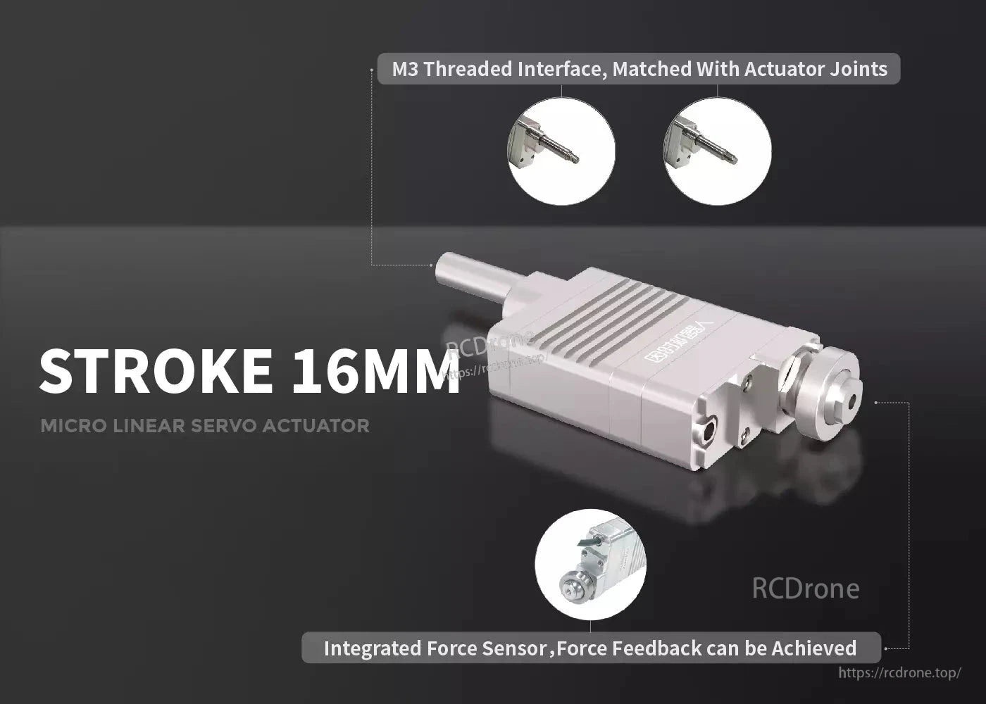 LASF16 Linear Servo Actuator, Micro linear servo actuator with 16mm stroke, M3 thread, and integrated force sensor for feedback.
