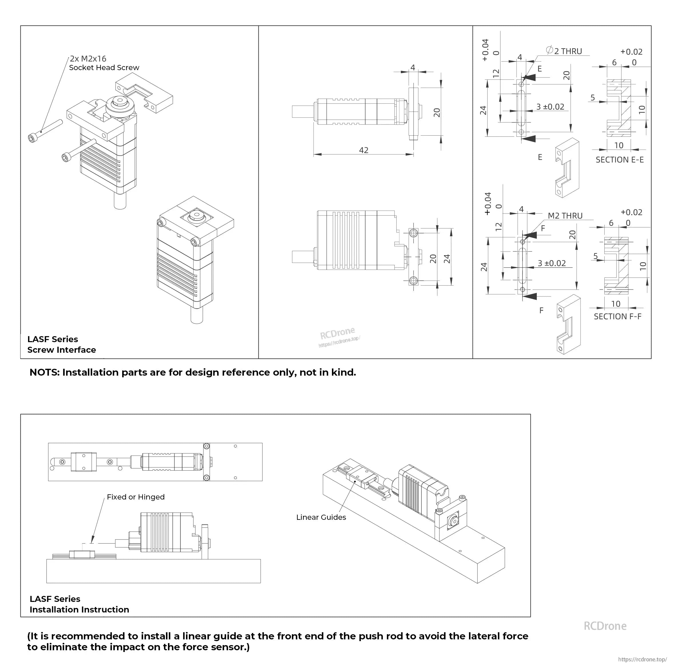 LASF16 Linear Servo Actuator, LASF Series linear servo actuator with screw interface, installation guide, includes screws, mounting details, recommends linear guides to avoid lateral force on sensor.