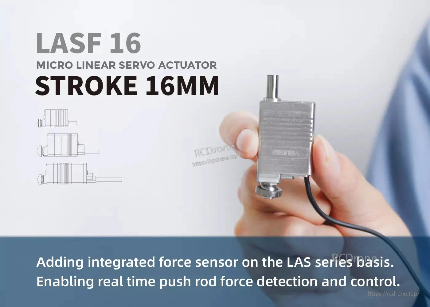 LASF16 Linear Servo Actuator, The LASF 16 micro linear servo actuator features a 16mm stroke and an integrated force sensor for precise, real-time control.