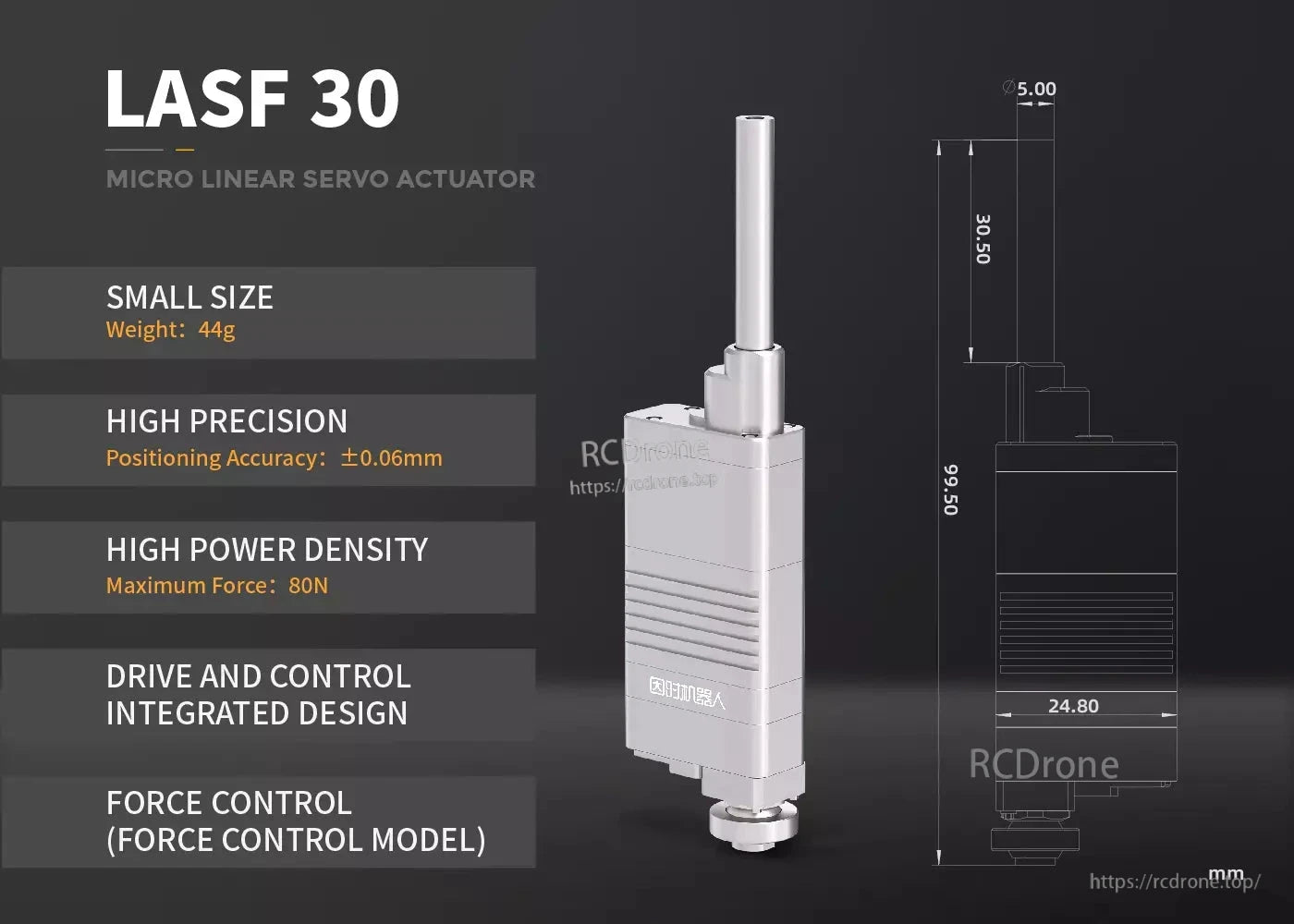 LASF30 Servo Actuator, The LASF 30 is a compact, high-precision servo actuator (44g, ±0.06mm) with high power density (80N), integrated control, force control model, and dimensions 99.50×24.80×30.50 mm.
