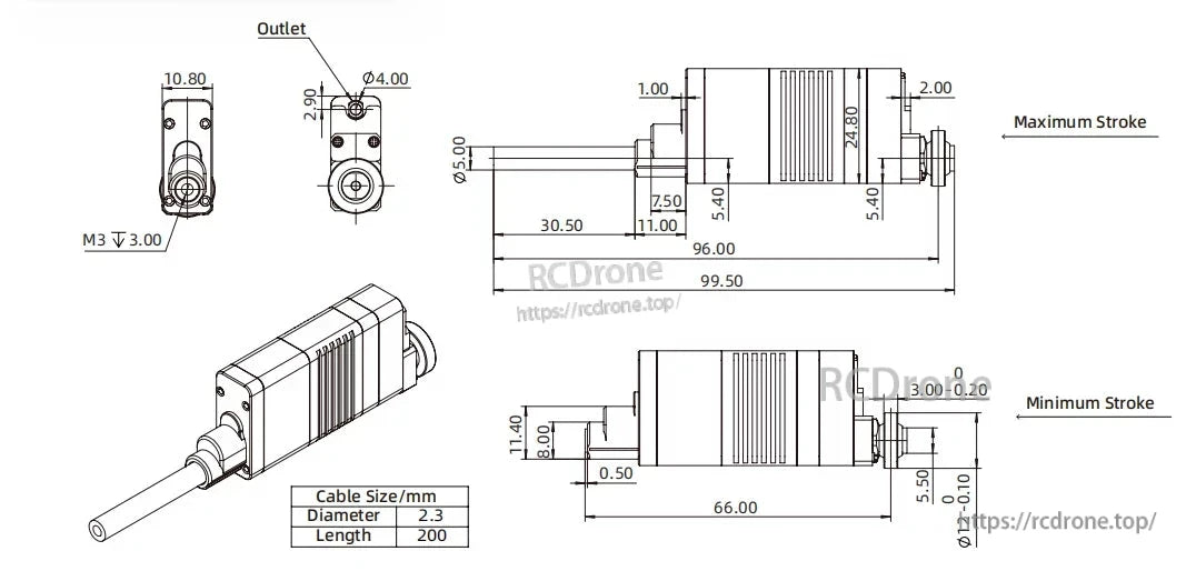 Technical drawing details LASF30 Servo Actuator dimensions, cable specs, stroke range, and outlet information.