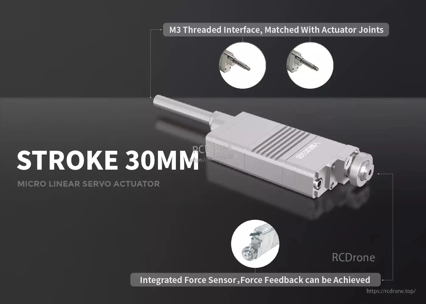 LASF30 Servo Actuator, A 30mm stroke micro linear servo with M3 thread and built-in force sensor for feedback.