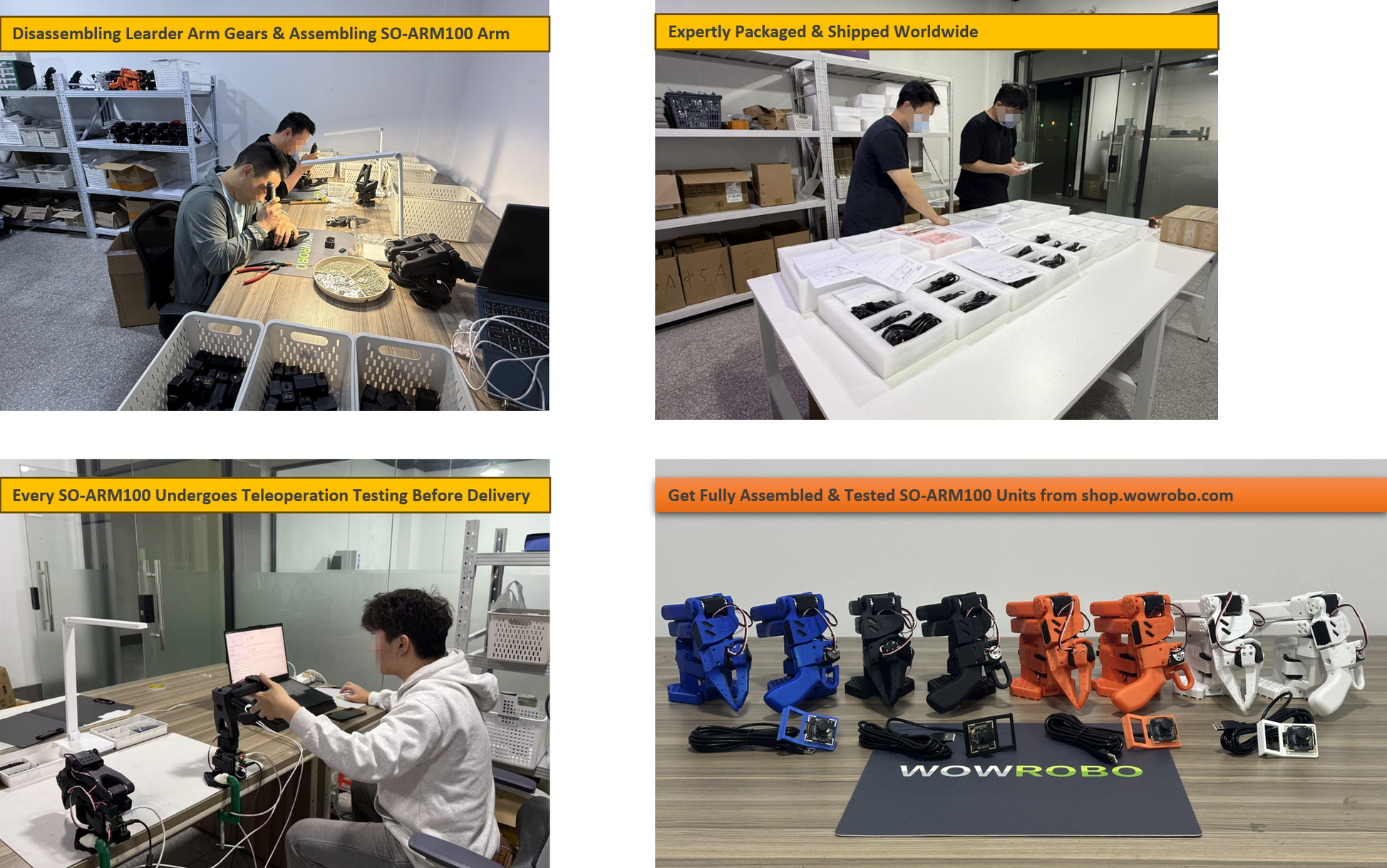 WowRobo SO-ARM100 arms are disassembled, reassembled, tested, and expertly packaged; fully tested units available at shop.wowrobo.com.