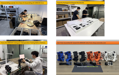 WowRobo SO-ARM100 arms are disassembled, reassembled, tested, and expertly packaged; fully tested units available at shop.wowrobo.com.