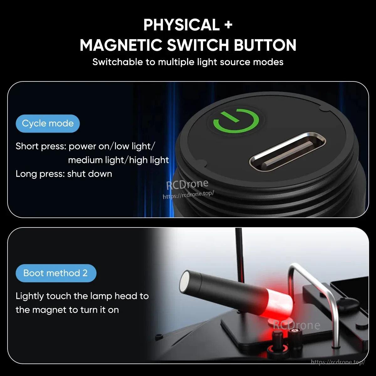 LED Boat Light, Physical and magnetic switch button for multiple light modes; cycle mode and magnet-activated boot method.