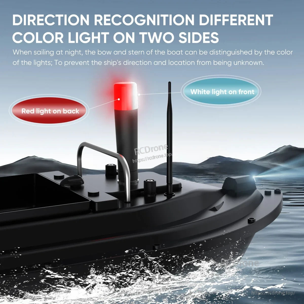 LED Boat Light, Red light at the back, white at the front helps drones recognize direction and improves night visibility.