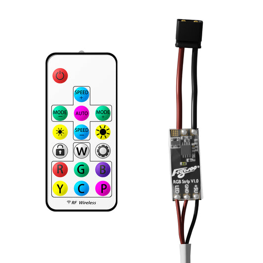 Flywoo RGB LED strip controller board with RF wireless remote, wiring leads, and LED/GND/+5V pads