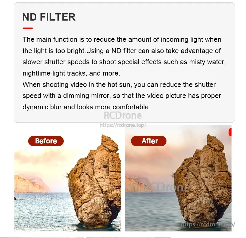 Lens Filter, ND filters reduce light, enabling slower shutter speeds for smooth water effects and improved video quality in sunlight with enhanced texture and motion blur.