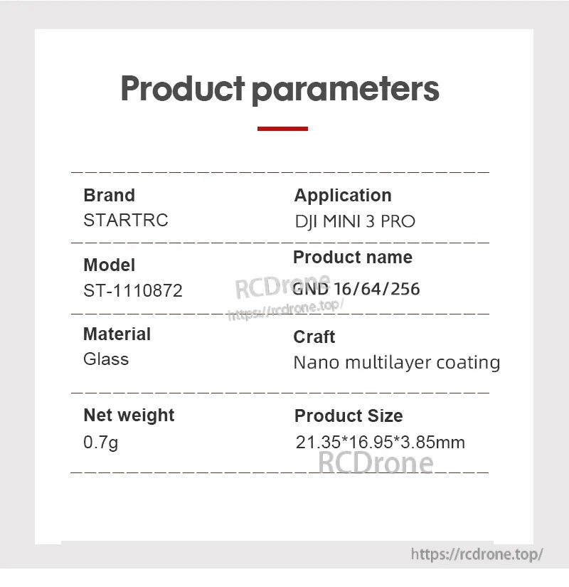 Lens Filter, Lightweight 0.7g STARTRC GND filter with nano coating fits DJI Mini 3 Pro, dimensions 21.35x16.95x3.85mm, available in 16/64/256 densities for enhanced photography.