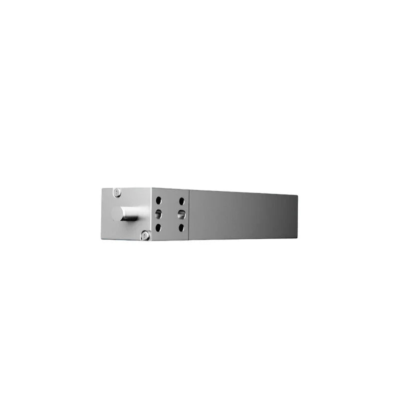 Silver LinkDynamics L10 actuator shown horizontally with a protruding shaft and side mounting holes