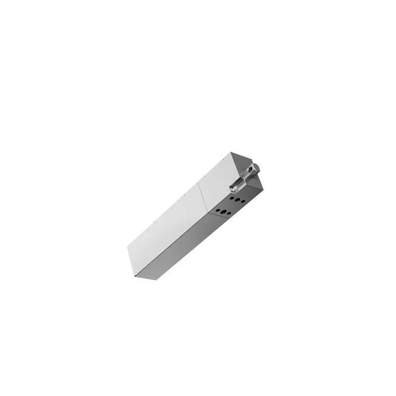 Angled view of the silver LinkDynamics L16 actuator housing with an end mounting eye and side mounting holes.