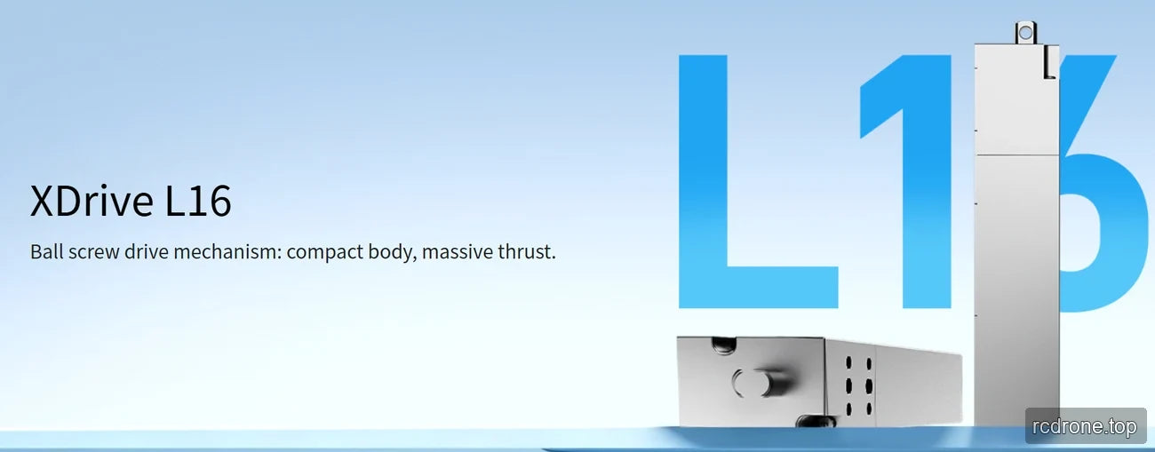 L16 ball-screw linear actuator in upright and horizontal views