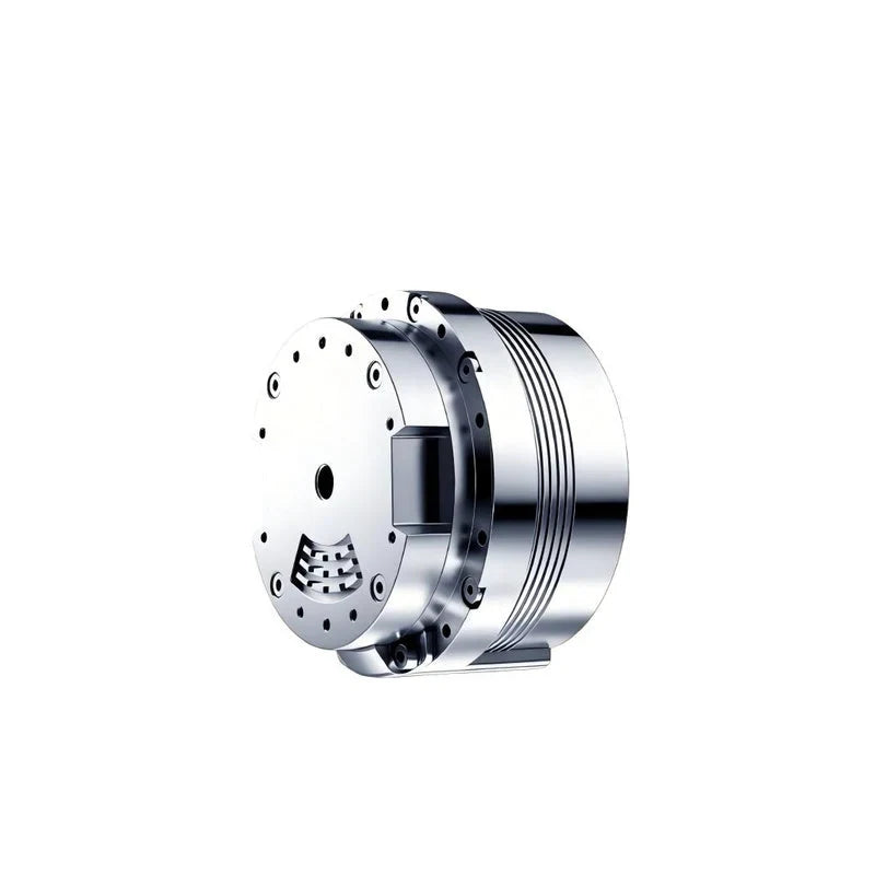 Silver LinkDynamics P80 motor shown at an angle with a perforated front flange, ribbed housing, and mounting foot
