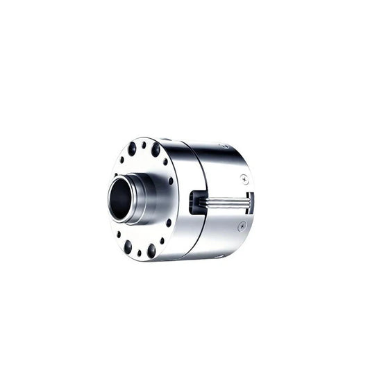Silver cylindrical LinkDynamics PA43 motor shown in angled front view with a central opening and circular mounting holes.