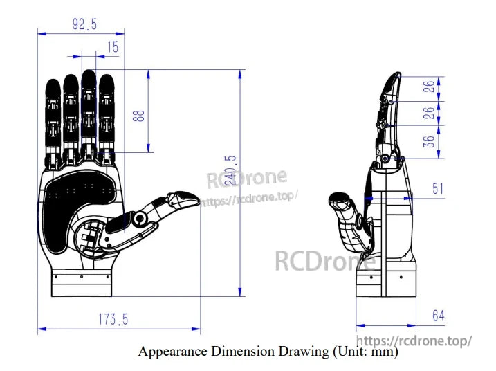 LINKERBOT Linker Hand L10 Robot Hand, Robot hand dimensions in millimeters, with front and side views for precise design and assembly.