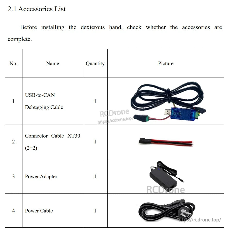 LINKERBOT Linker Hand L10 Robot Hand, Dexterous hand installation accessories: one each of USB-to-CAN cable, XT30 connector, power adapter, and power cable.