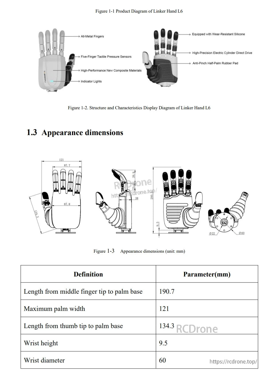 LINKERBOT Linker Hand L6 Robot Hand, Linker Hand L6 features all-metal fingers with tactile sensors, wear-resistant silicone, electric drive, and anti-pinch pads; dimensions: 190.7mm fingers, 121mm palm, 60mm wrist.