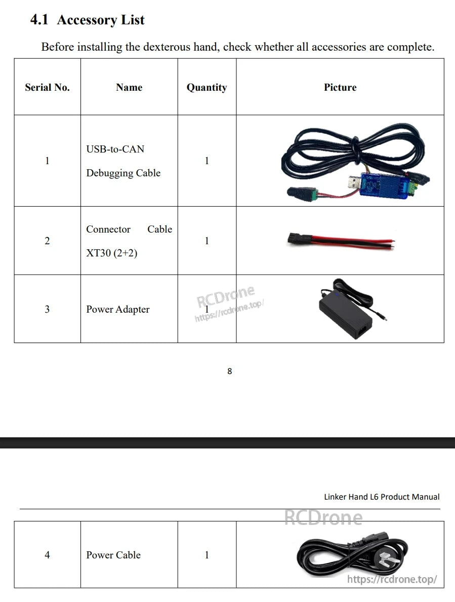 LINKERBOT Linker Hand L6 Robot Hand, Linker Hand L6 accessories: USB-to-CAN cable, XT30 connector, power adapter, and cable—verify all items before installation.