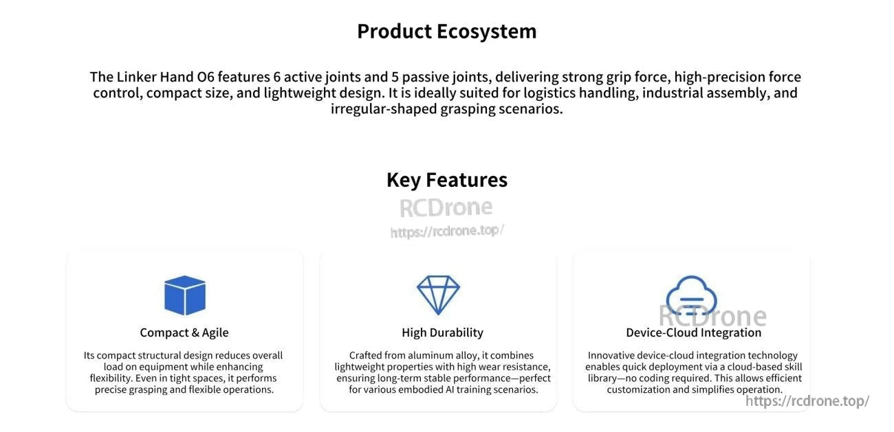 LINKERBOT Linker Hand O6 Robot Hand, Linker Hand O6 features 6 active/5 passive joints, durable aluminum build, and cloud-based AI training for logistics and assembly tasks.