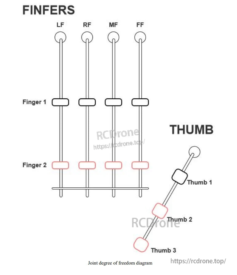 LINKERBOT Linker Hand O6 Robot Hand, Fingers and thumb joint degrees of freedom diagram
