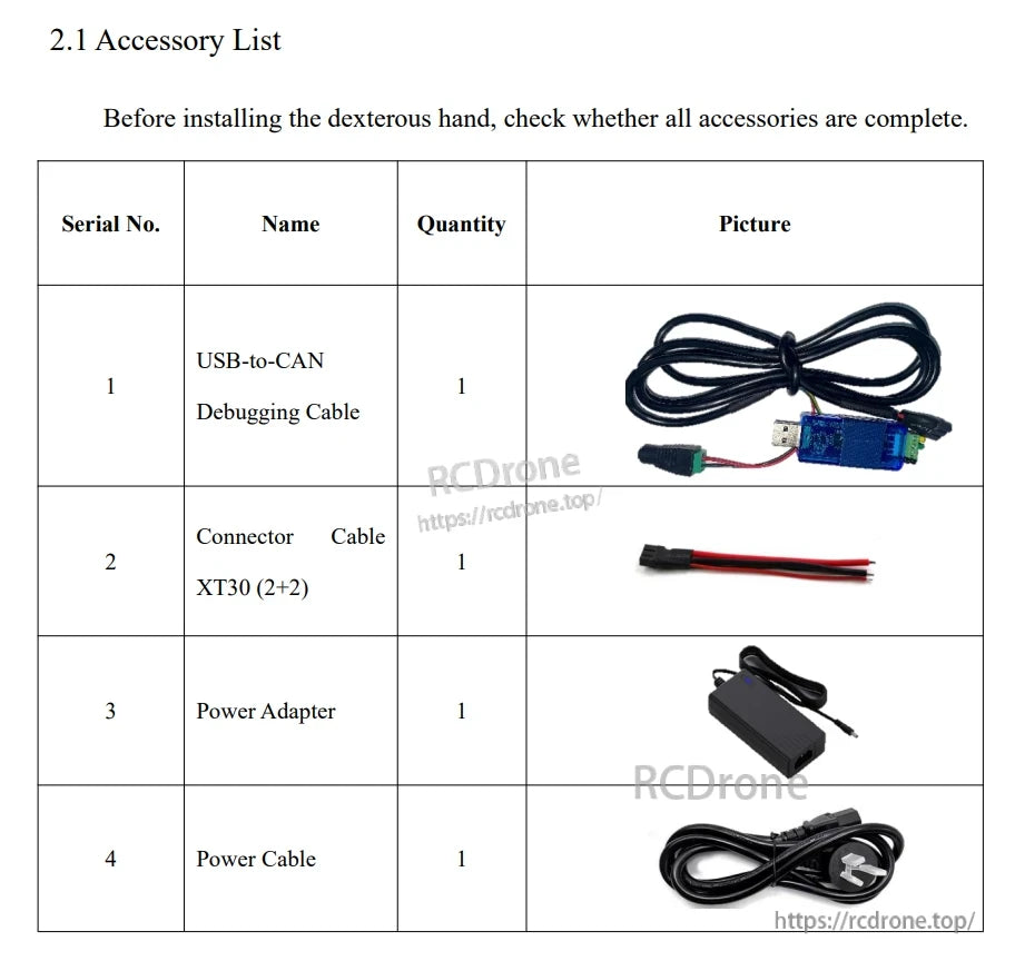 LINKERBOT Linker Hand O6 Robot Hand, Accessory list: one each of USB-to-CAN cable, XT30 connector, power adapter, and power cable for dexterous hand installation.