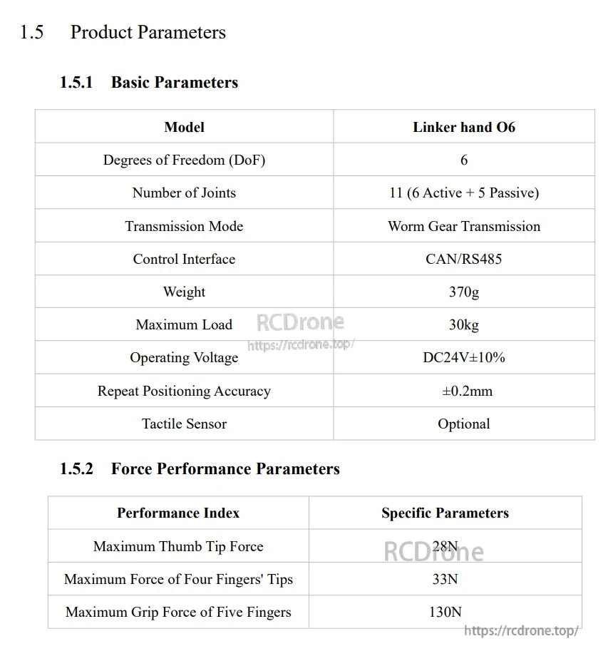 LINKERBOT Linker Hand O6 Robot Hand, The Linker Hand O6 is a 6-DoF, 370g robot hand with 30kg load capacity, ±0.2mm accuracy, and optional tactile sensors.