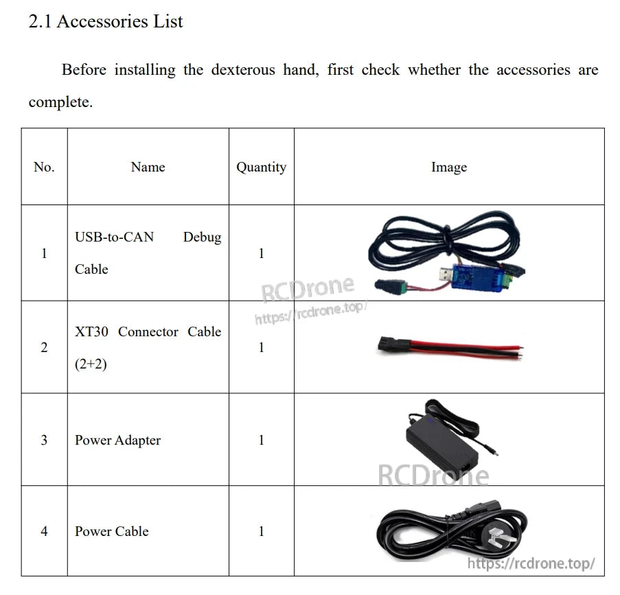 LINKERBOT Linker Hand O7 Robot Hand, Verify one each of USB-CAN cable, XT30 connector, power adapter, and power cable before installing the dexterous hand.