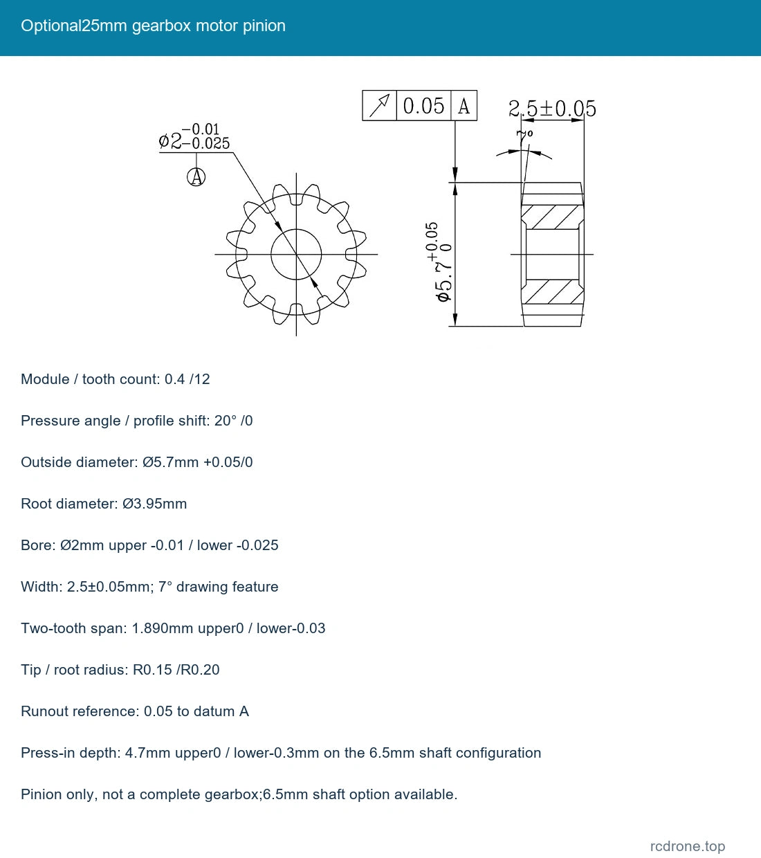 Optional25mm gearbox motor pinion