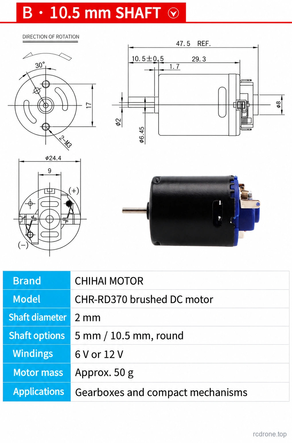 Long-shaft motor dimensions