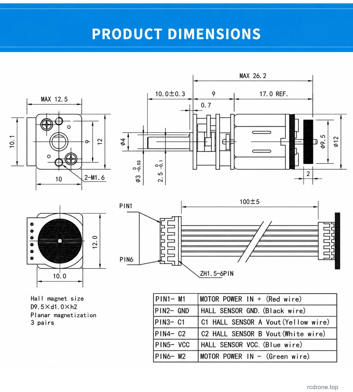 GM12-N10 dimensions,encoder magnet and six-pin wiring reference