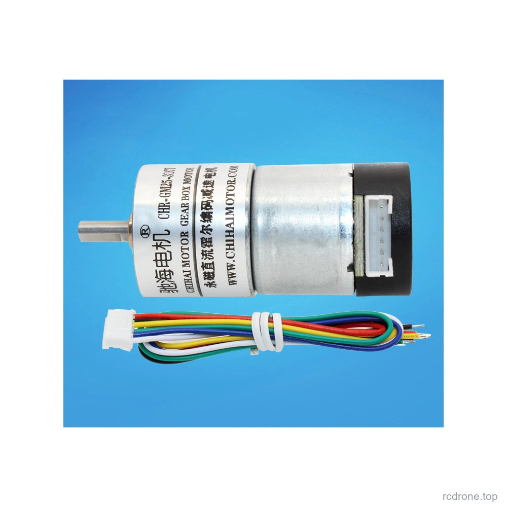 GM25-310T side profile with encoder lead on blue background