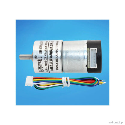GM25-310T side profile with encoder lead on blue background