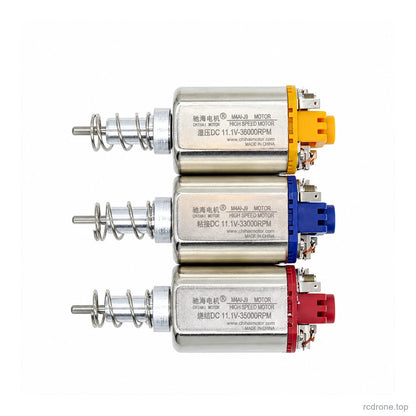 Long-shaft 460 motor comparison with yellow, blue and red rear caps; alternatives, one motor supplied
