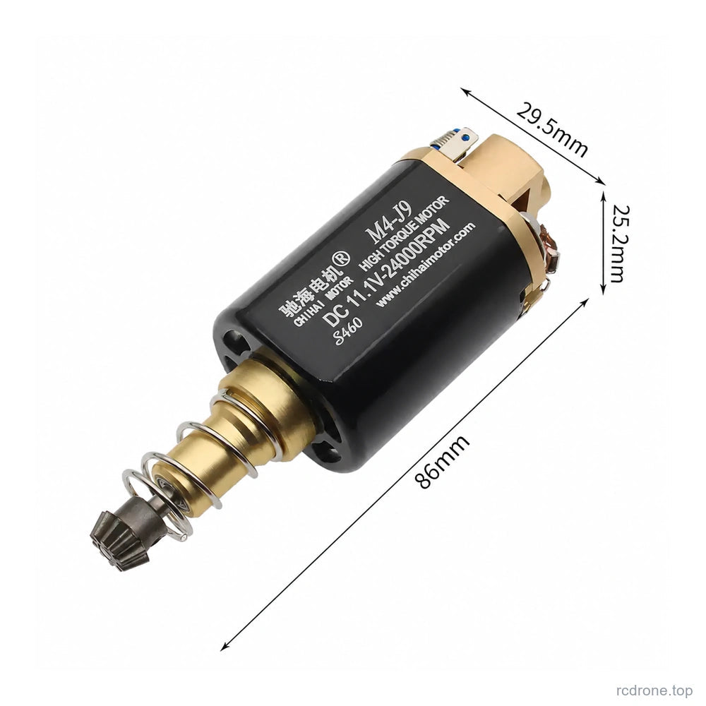 J9-style long-shaft motor with 29.5 mm body reference and 86 mm overall reference