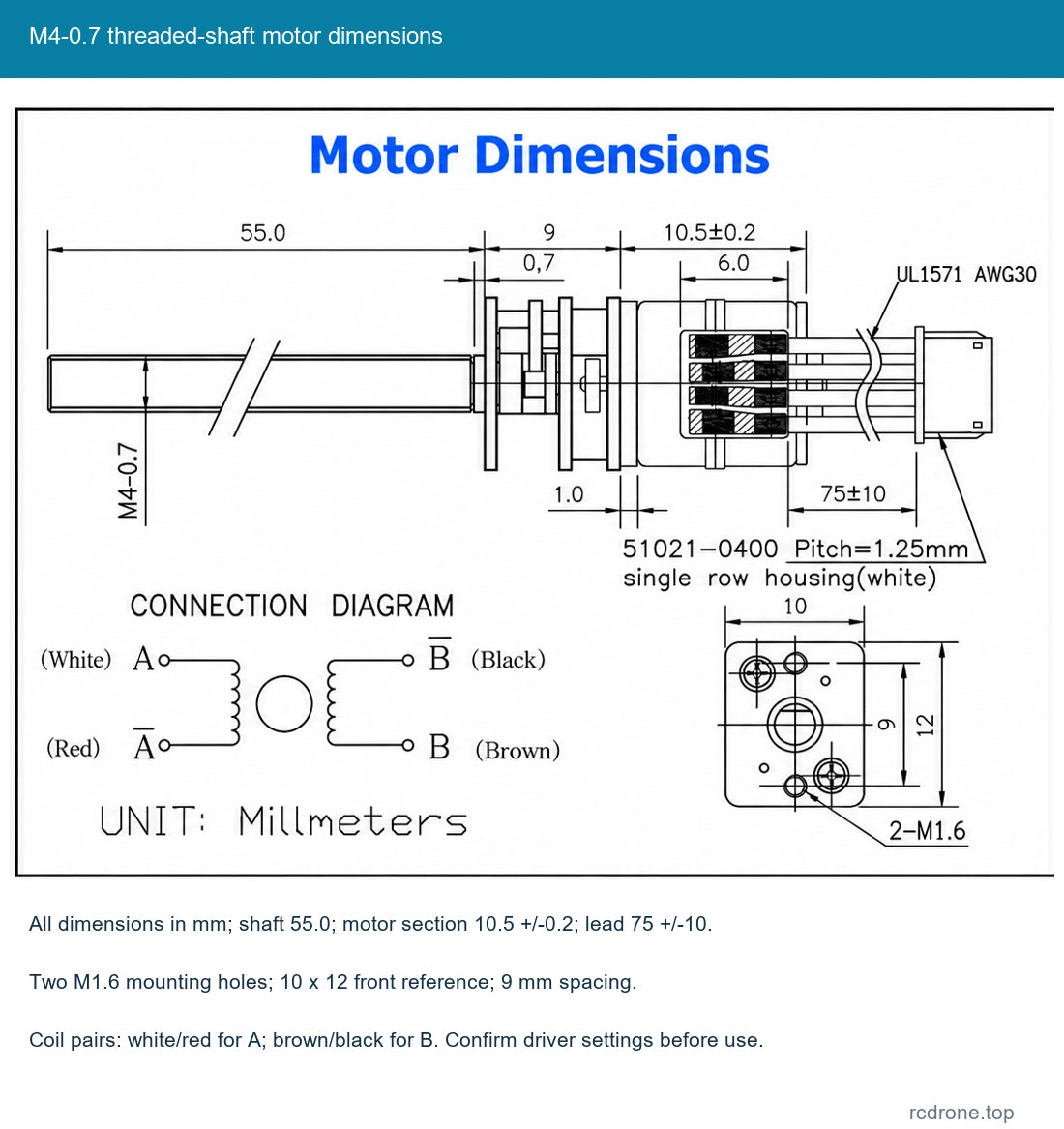 M4-0.7 threaded-shaft motor dimensions