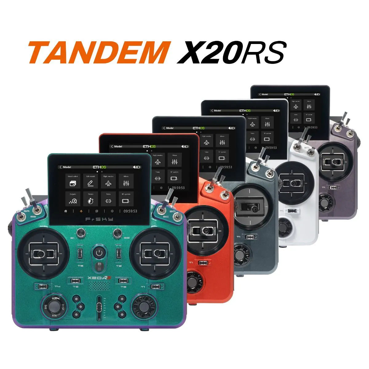 FrSky TANDEM X20RS RC radio transmitter lineup showing multiple color options with large touchscreen