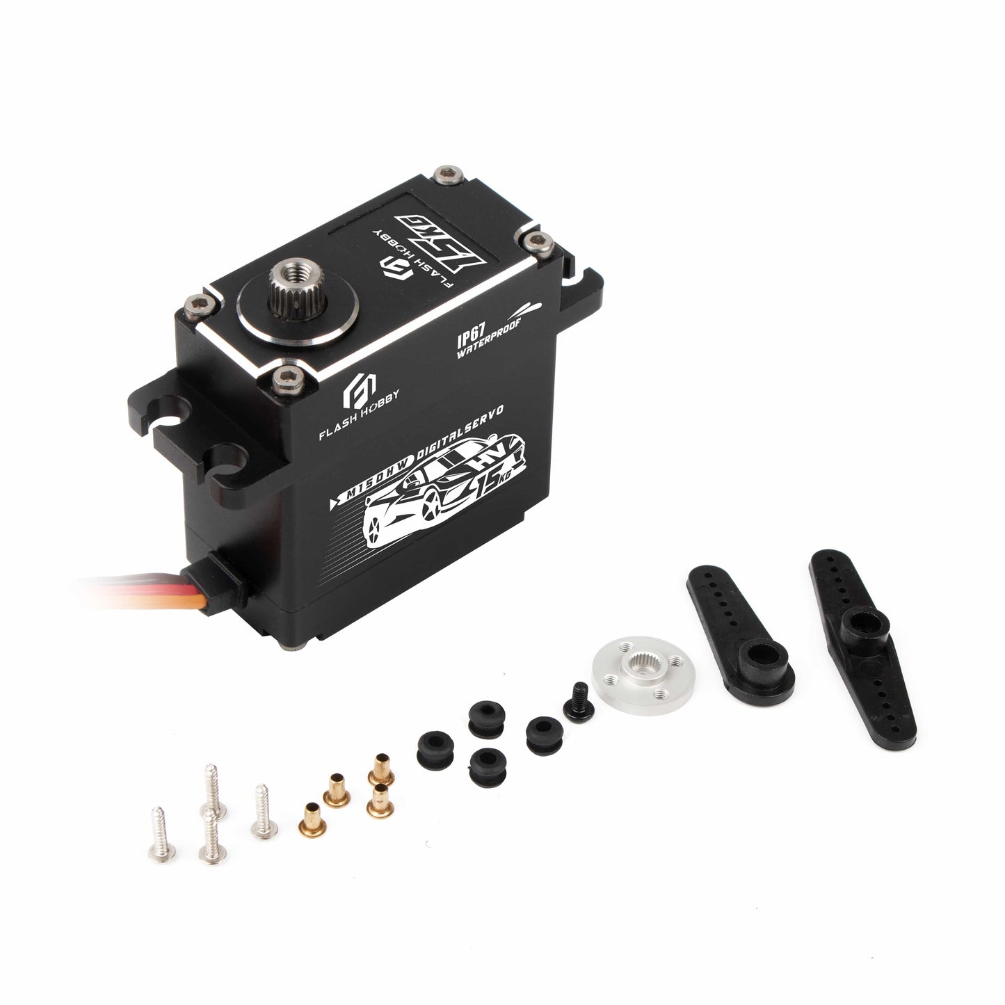 Flashhobby M15DHW core digital servo with IP67 waterproof case, spline output, and included horns, screws, and grommets