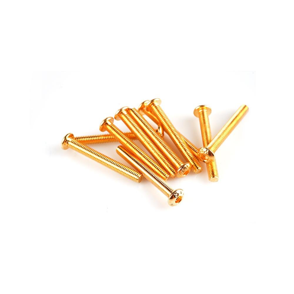 Gold M3 Phillips pan head machine screws, assorted longer lengths, grouped on white background