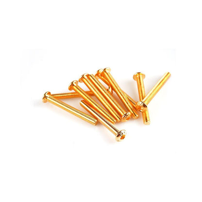 Gold M3 Phillips pan head machine screws, assorted longer lengths, grouped on white background