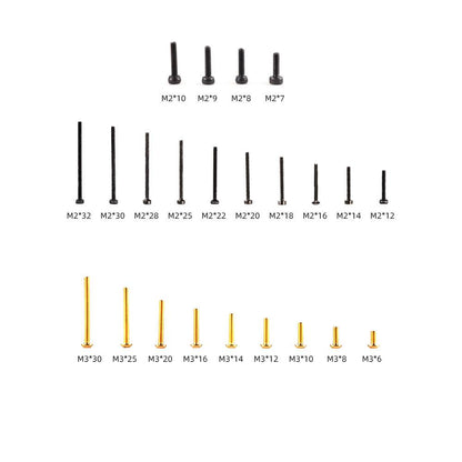 M2/M3 Screw Set Assortment (M2 or M3) size chart showing M2 black and M3 gold screw lengths