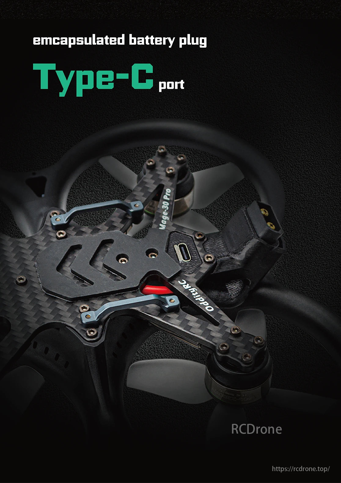 Mage Pro Cinewhoop, The device has additional features like a Type-C configuration port, rugged XT60H-M battery connector, and an aviation-grade aluminum camera bracket.